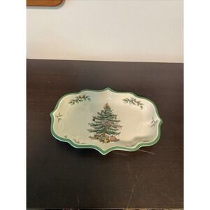 Spode Christmas Tree Ogee Candy Dish S3324-K England Green Trim 9-1/4"‎ x 6-1/4"